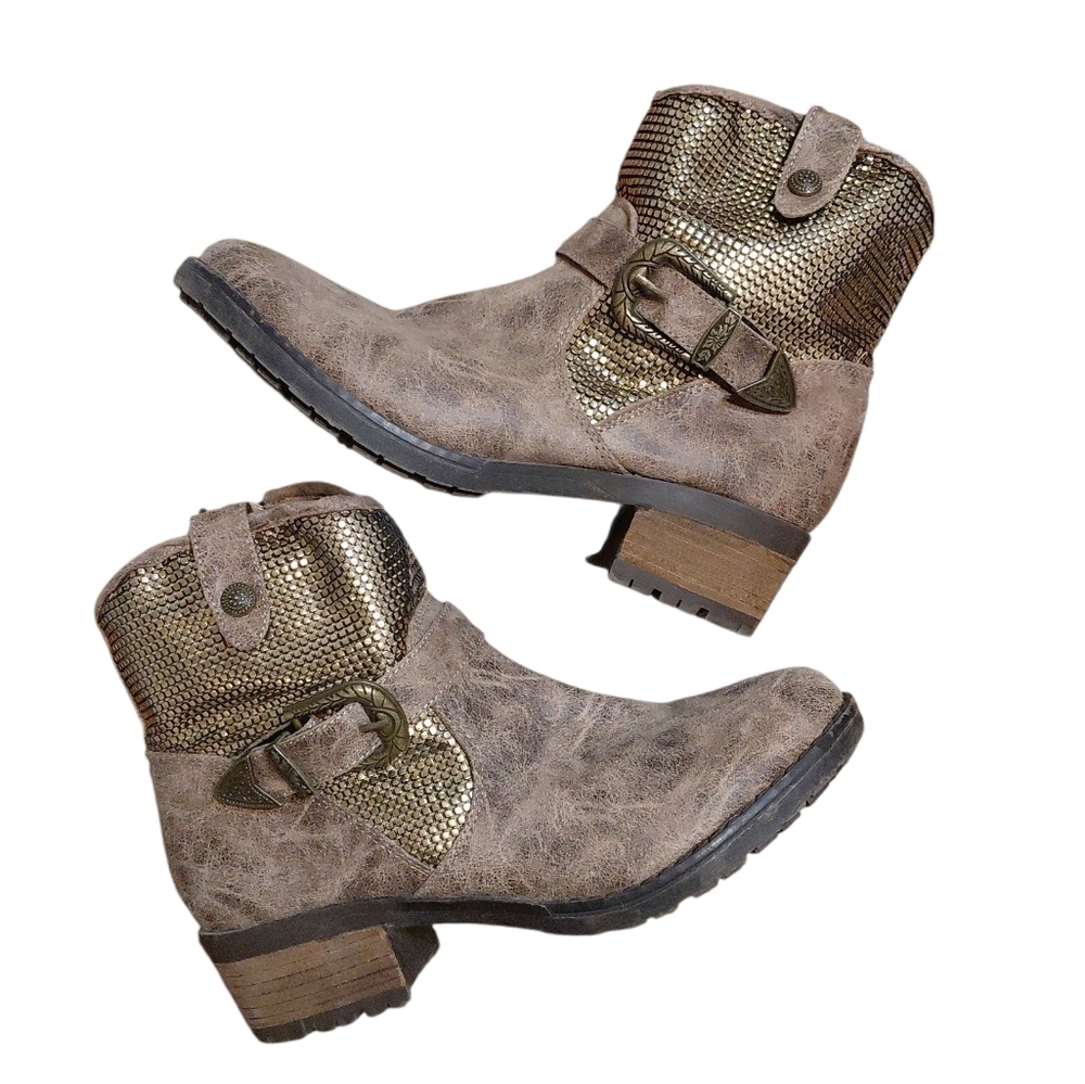 Dolce by Mojo Moxy Brown Western Ankle Boots Brown And Gold Booties Sz 8.5